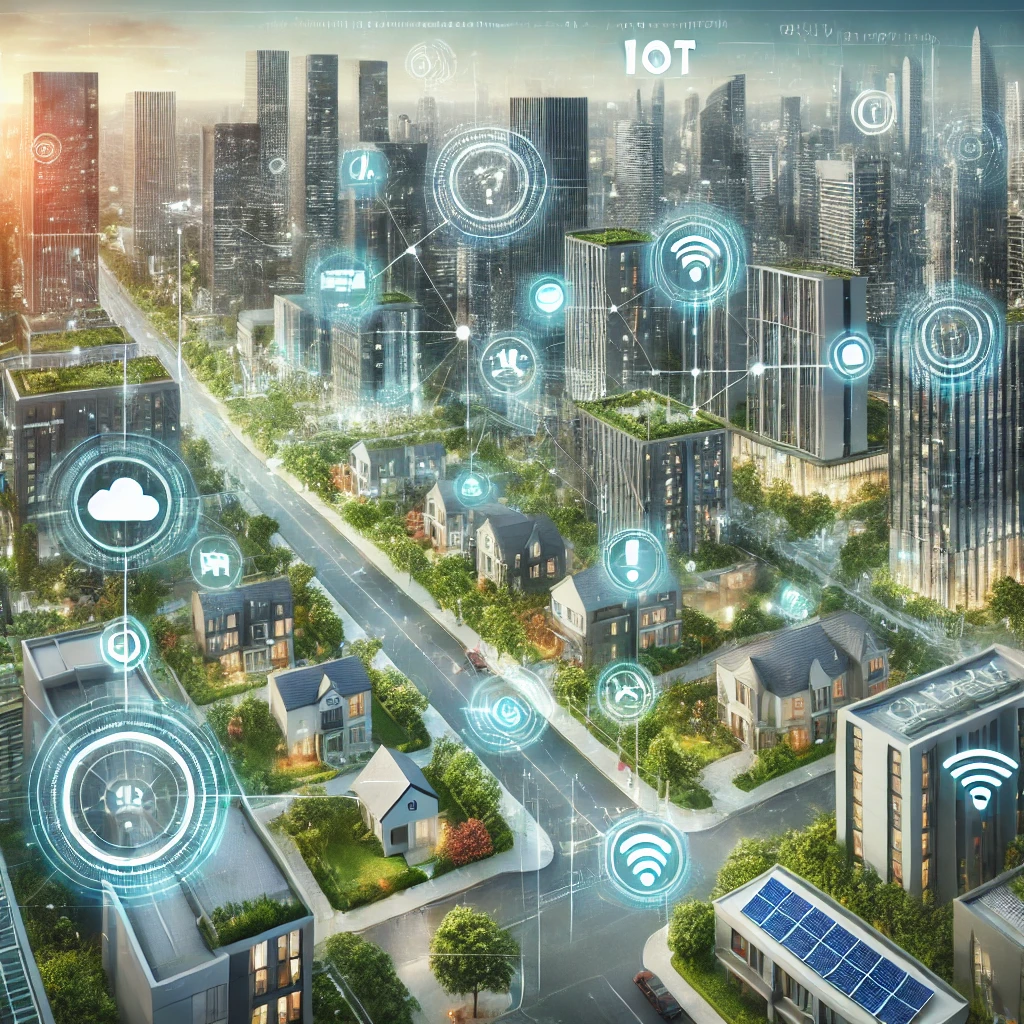 A futuristic cityscape with modern buildings integrated with smart technology
