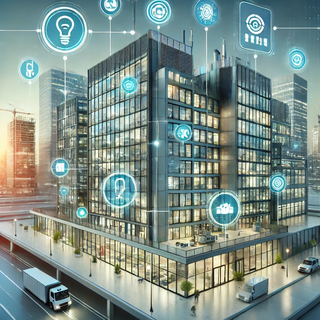 A smart commercial building with energy-efficient systems and innovative architecture