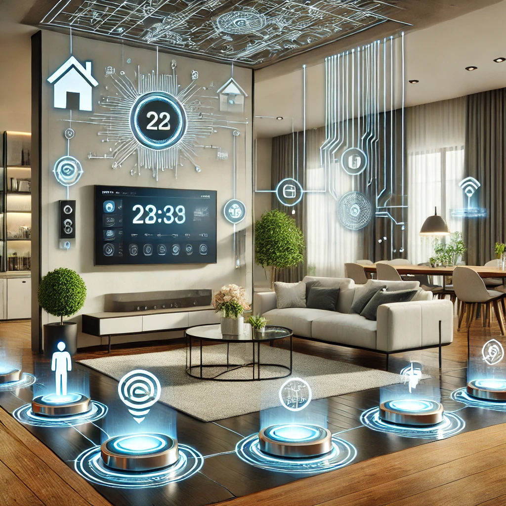Interior of a smart home with automated features and advanced technology